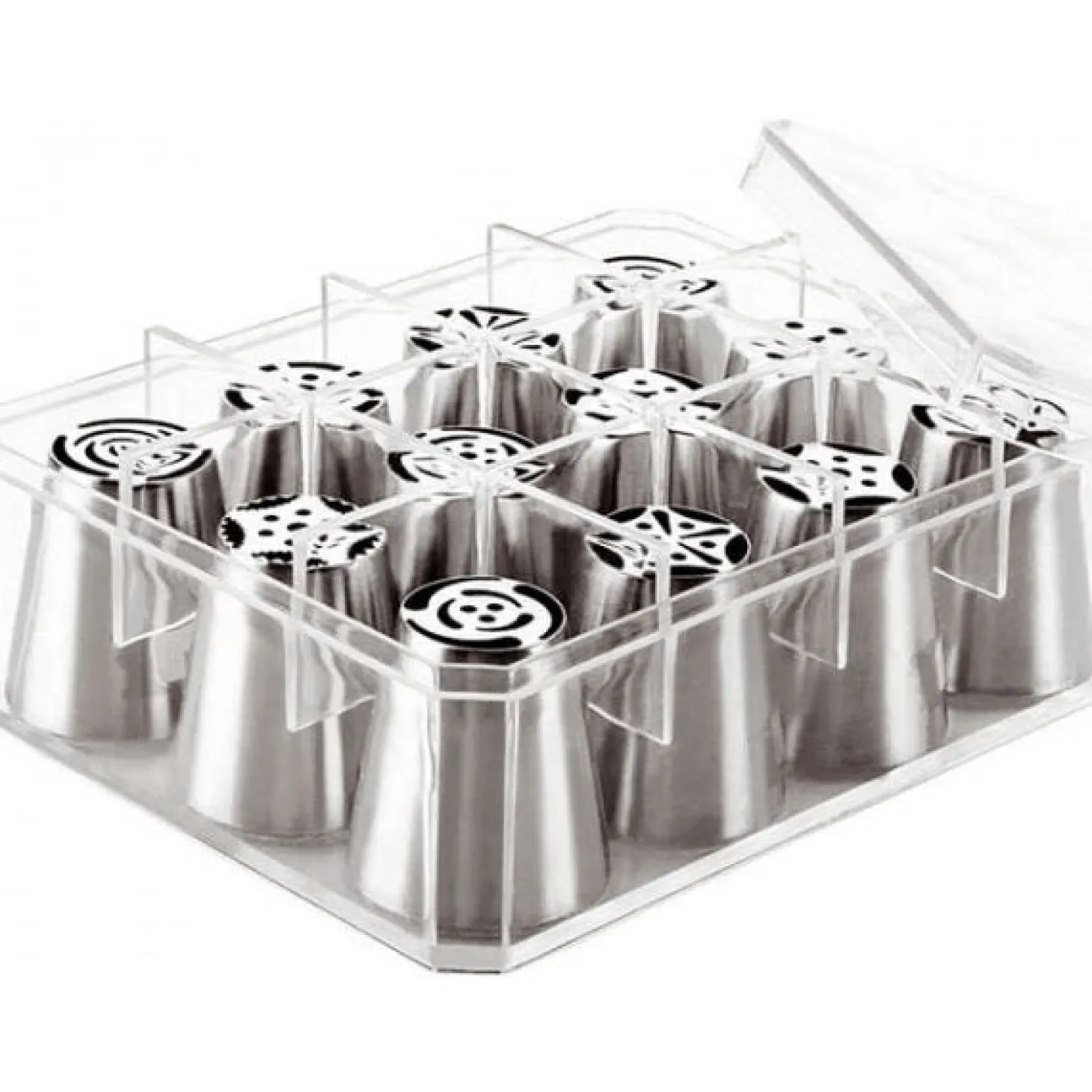 Boite de 12 douilles tout inox assorties décors fleurs