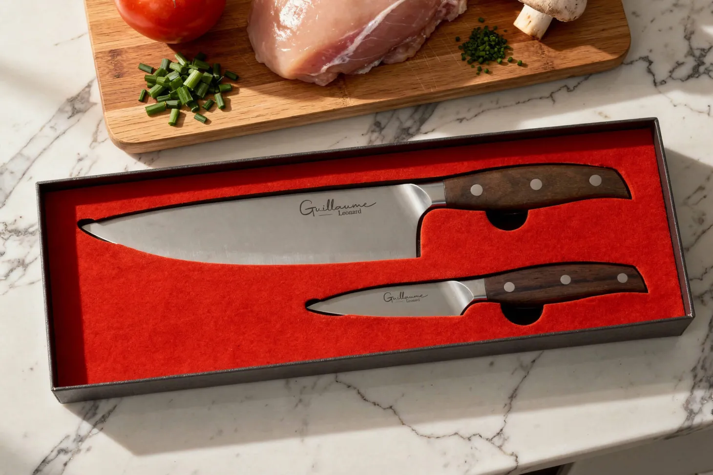 Coffret 2 couteaux Guillaume Leonard Cuistot acier inoxydable et santal rouge Chef + Office
