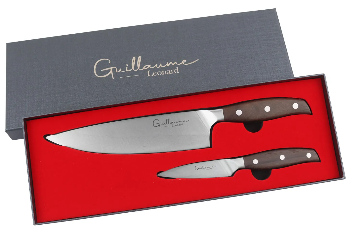 Coffret 2 couteaux Guillaume Leonard Cuistot acier inoxydable et santal rouge Chef + Office