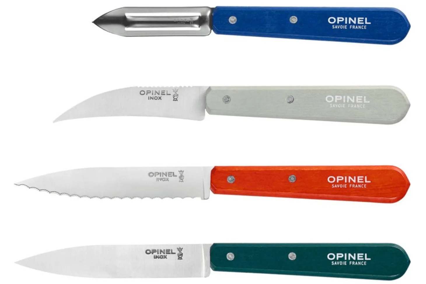 Coffret 4 couteaux Opinel Les Essentiels Primo manches en bois de charme multicolores