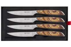 Coffret 4 couteaux à steak Icel lame dentelée 11cm manche droit bois d'olivier