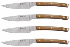 Coffret 4 couteaux à steak Icel lame dentelée 11cm manche incurvé bois d'olivier