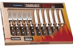 Coffret 6 couteaux à steak lame crantée + 6 fourchettes Tramontina Churrasco manche marron