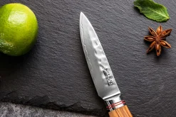 Coffret 3 couteaux Wusaki Damas 10Cr olivier Santoku + Universel + Office