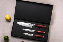 Coffret 3 couteaux Wusaki Pakka X50 pakkawood Santoku + Universel + Office