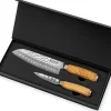 Coffret de 2 couteaux Wusaki Damas 10Cr manches en olivier Santoku + Office