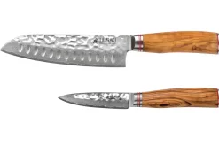 Coffret de 2 couteaux Wusaki Damas 10Cr manches en olivier Santoku + Office