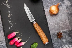 Coffret de 2 couteaux Wusaki Damas 10Cr manches en olivier Santoku + Office