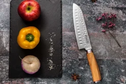 Coffret de 2 couteaux Wusaki Damas 10Cr manches en olivier Santoku + Office