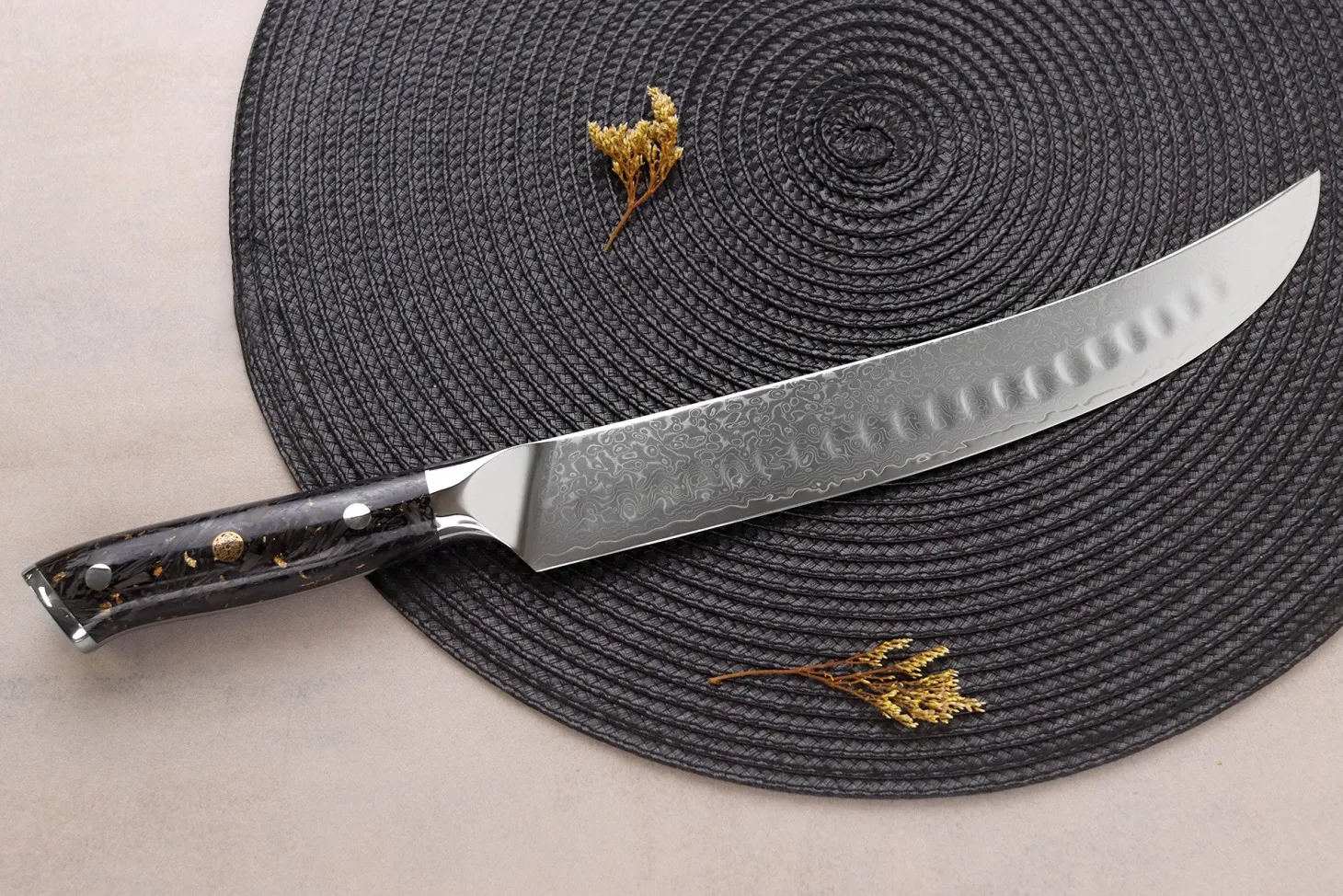 Couteau à découper Wusaki Sakin Damas 10Cr 25cm manche en fibre de carbone et feuille d'or