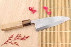 Couteau deba 15cm japonais artisanal Nakamura Kaishin Saku WS2 en magnolia