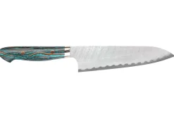 Couteau de chef 21cm japonais artisanal Nigara Hamono Migaki Tsuchime SG2 manche en turquoise
