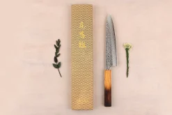 Couteau de chef 20cm japonais artisanal Wusaki Yaketa VG10 damas chêne brûlé