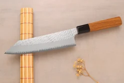 Couteau de chef kiritsuke 20cm japonais artisanal Nigara Hamono Migaki Tsuchime SG2 teck