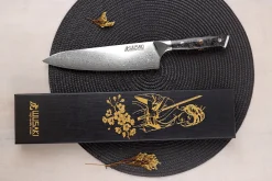 Couteau de chef Wusaki Sakin Damas 10Cr 20cm manche en fibre de carbone et feuille d'or