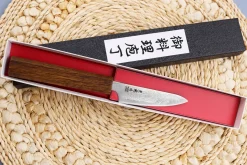 Couteau d'office japonais artisanal Wusaki Unagi AUS10 damas 8cm manche chêne