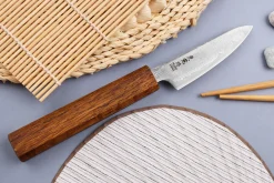 Couteau d'office japonais artisanal Wusaki Unagi AUS10 damas 8cm manche chêne