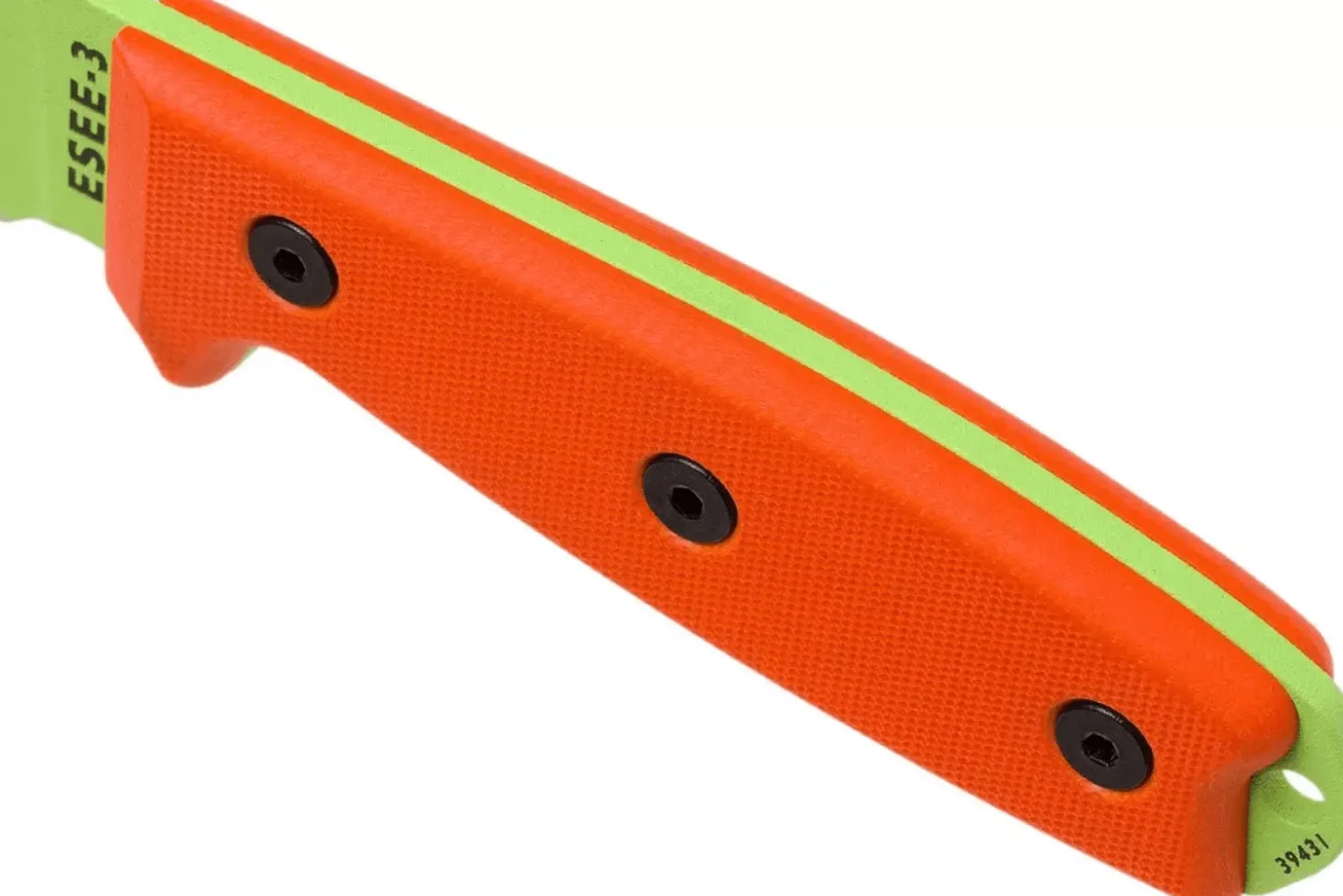 Couteau Esee 3 ESEE-3PM-VG lame acier carbone venom green 8,8cm manche G10 orange + étui