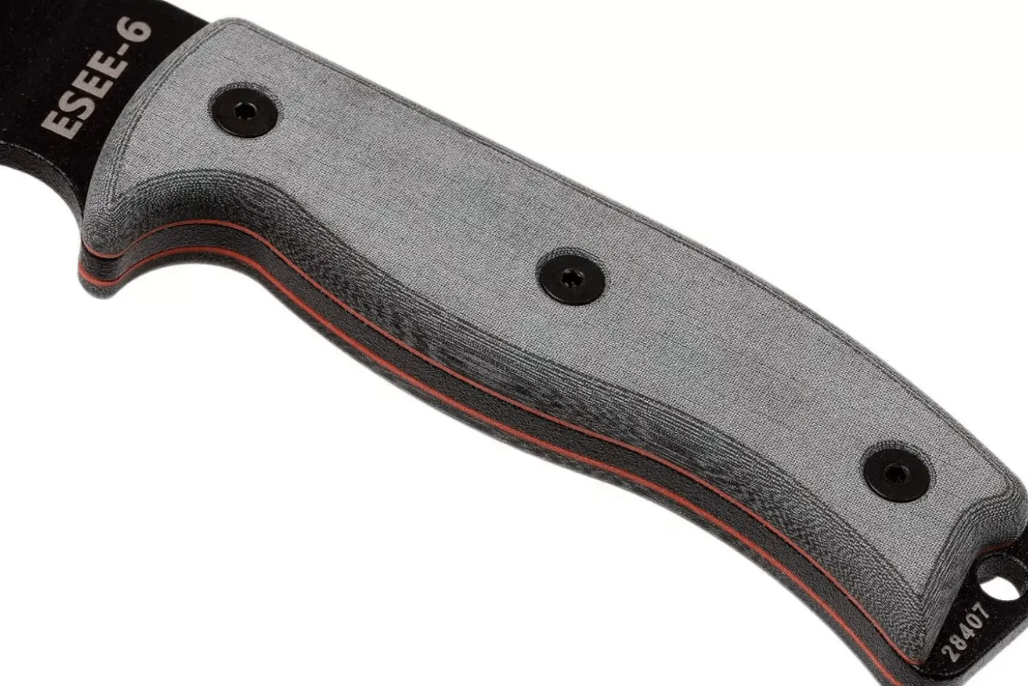 Couteau Esee 6 ESEE-6S-B lame semi-dentée acier carbone noir 16,5cm manche micarta gris + étui
