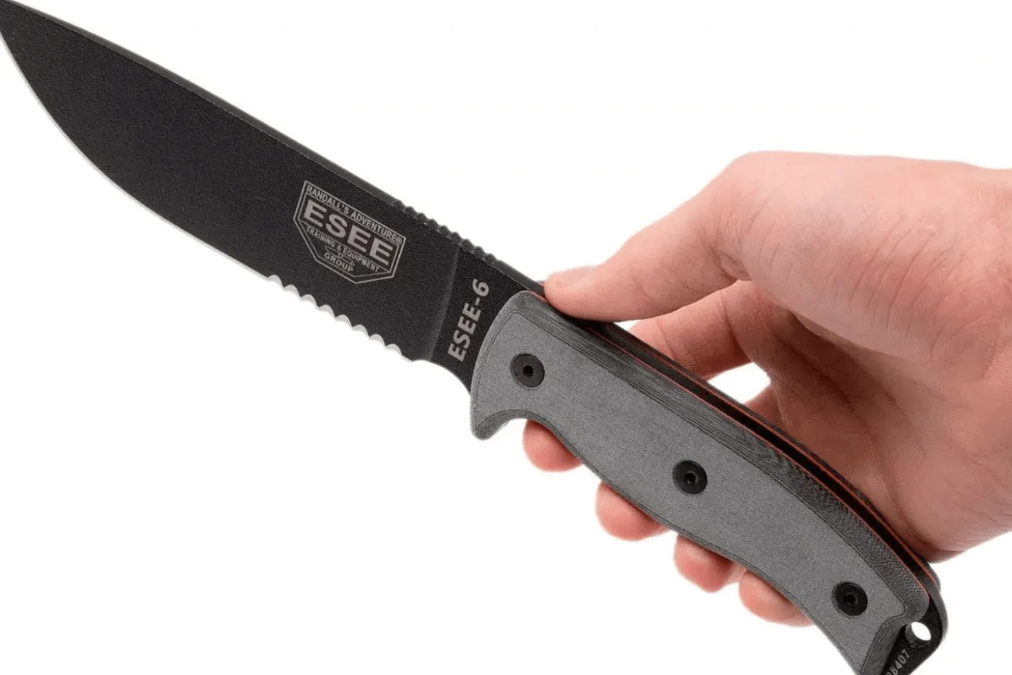 Couteau Esee 6 ESEE-6S-B lame semi-dentée acier carbone noir 16,5cm manche micarta gris + étui