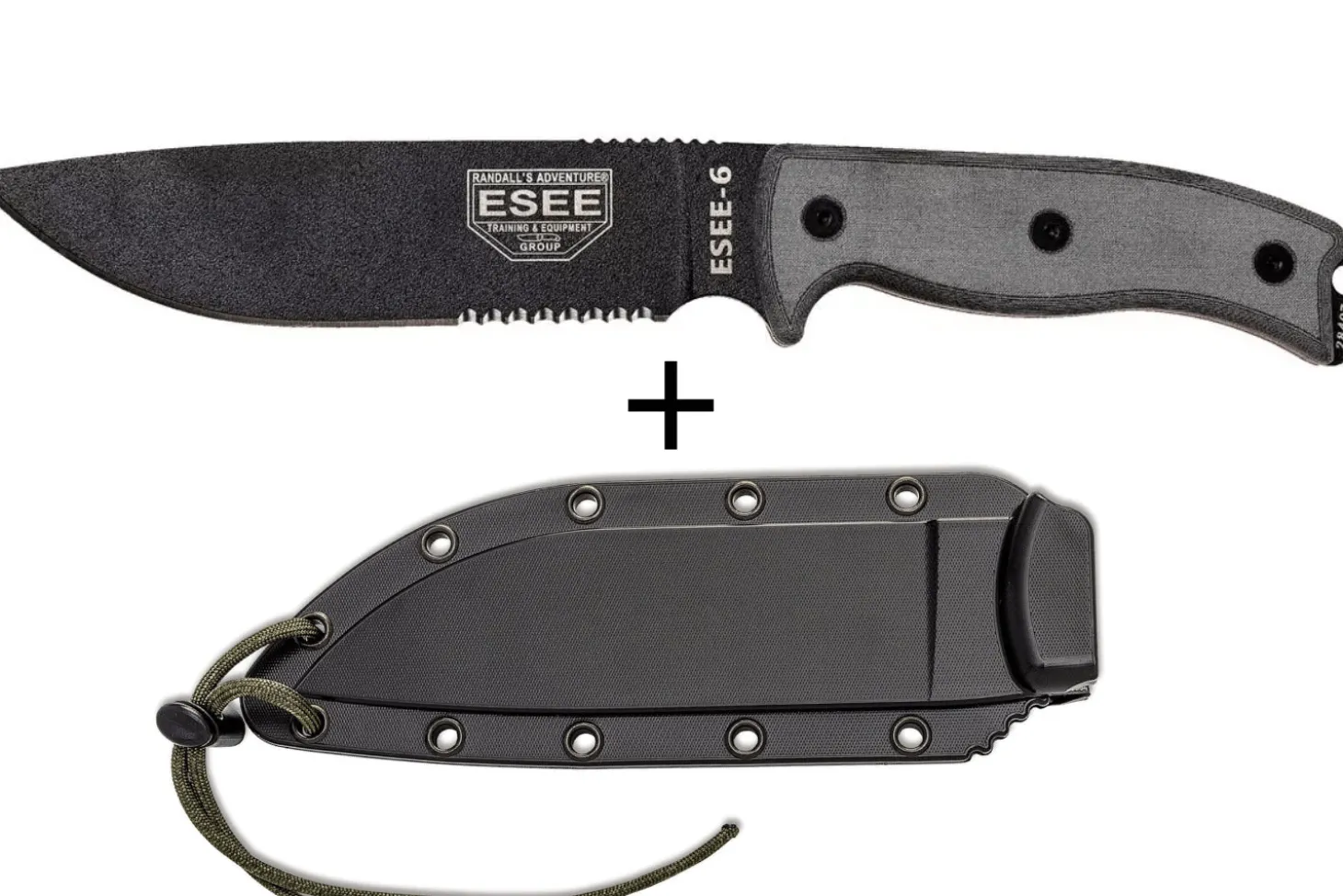 Couteau Esee 6 ESEE-6S-B lame semi-dentée acier carbone noir 16,5cm manche micarta gris + étui