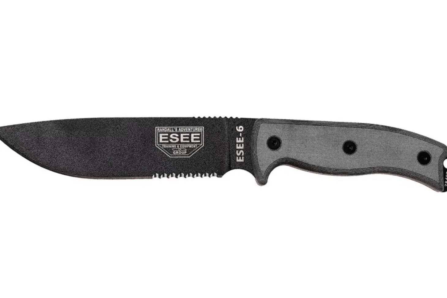Couteau Esee 6 ESEE-6S-B lame semi-dentée acier carbone noir 16,5cm manche micarta gris + étui