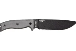 Couteau Esee 6 ESEE-6S-B lame semi-dentée acier carbone noir 16,5cm manche micarta gris + étui