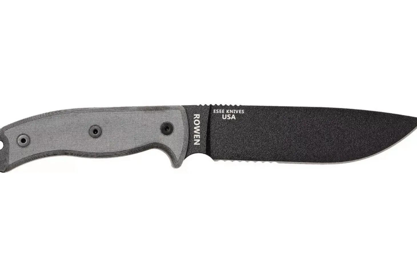 Couteau Esee 6 ESEE-6S-B lame semi-dentée acier carbone noir 16,5cm manche micarta gris + étui