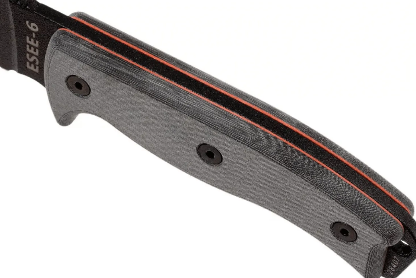 Couteau Esee 6 ESEE-6S-B lame semi-dentée acier carbone noir 16,5cm manche micarta gris + étui