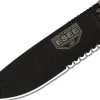 Couteau Esee 4 ESEE-4S-B lame semi-dentée acier carbone noir 11,6cm manche micarta gris + étui