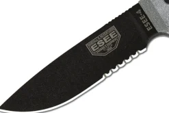 Couteau Esee 4 ESEE-4S-B lame semi-dentée acier carbone noir 11,6cm manche micarta gris + étui