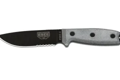 Couteau Esee 4 ESEE-4S-B lame semi-dentée acier carbone noir 11,6cm manche micarta gris + étui