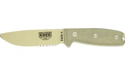Couteau Esee 4 ESEE-4S-DT lame semi-dentée acier carbone désert 11,6cm manche micarta gris + étui