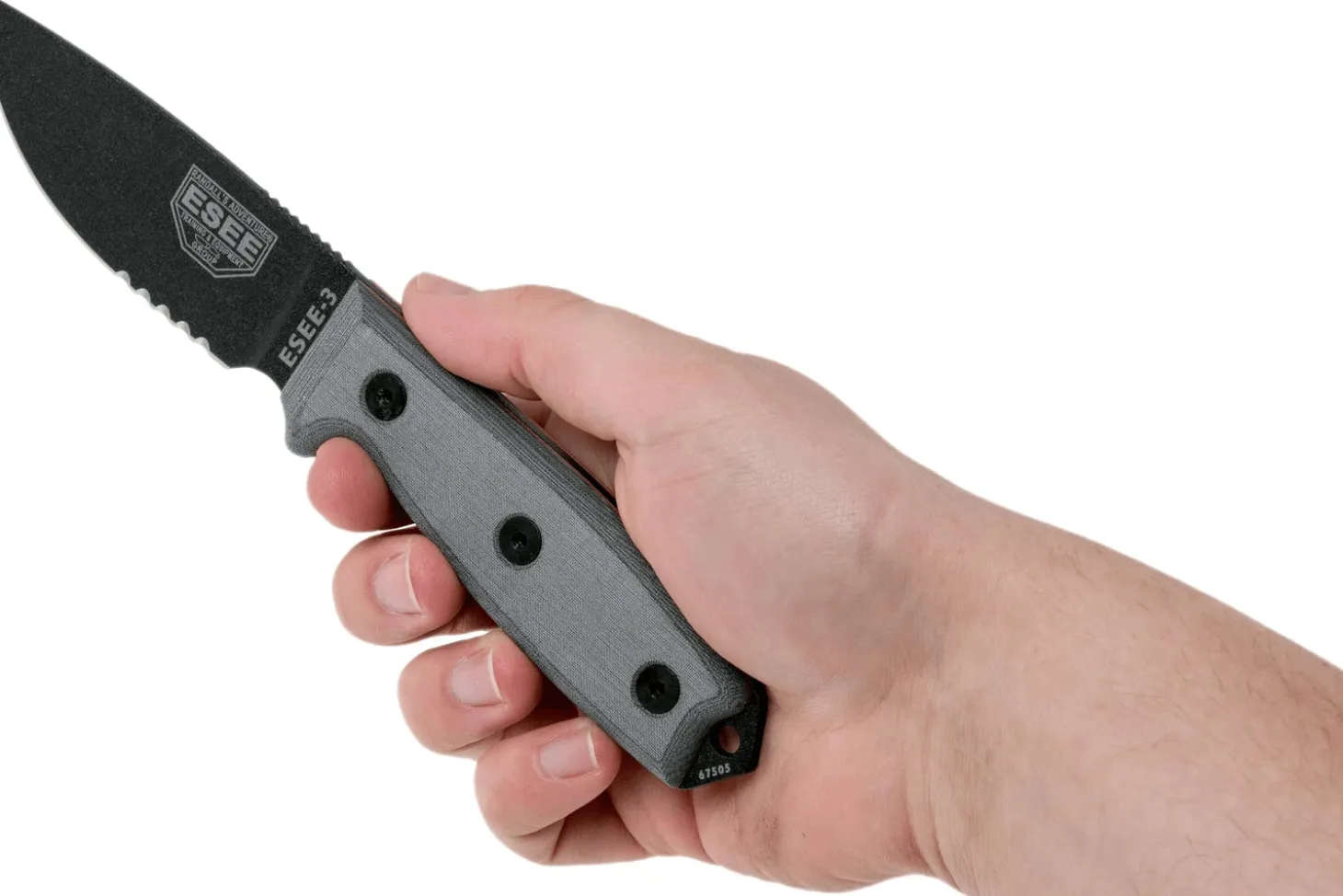 Couteau Esee 3 ESEE-3S-MB lame semi-dentée acier carbone noir 8,8cm manche micarta gris + étui marron