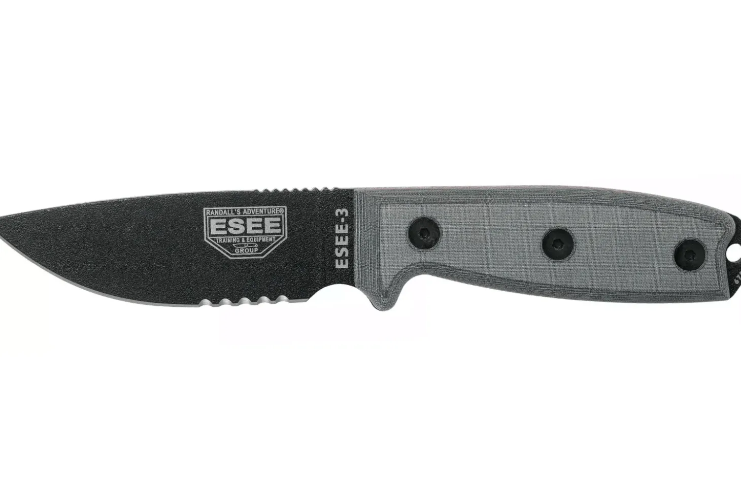 Couteau Esee 3 ESEE-3S-MB lame semi-dentée acier carbone noir 8,8cm manche micarta gris + étui marron