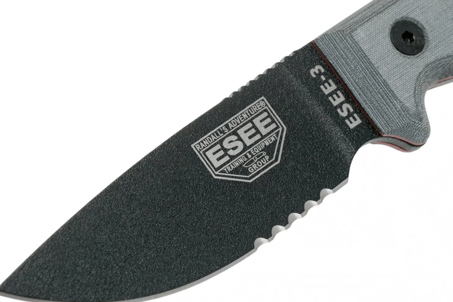 Couteau Esee 3 ESEE-3S-MB lame semi-dentée acier carbone noir 8,8cm manche micarta gris + étui marron