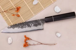 Couteau gyuto 18cm japonais artisanal Naoki Mazaki WS2 Black Nashiji