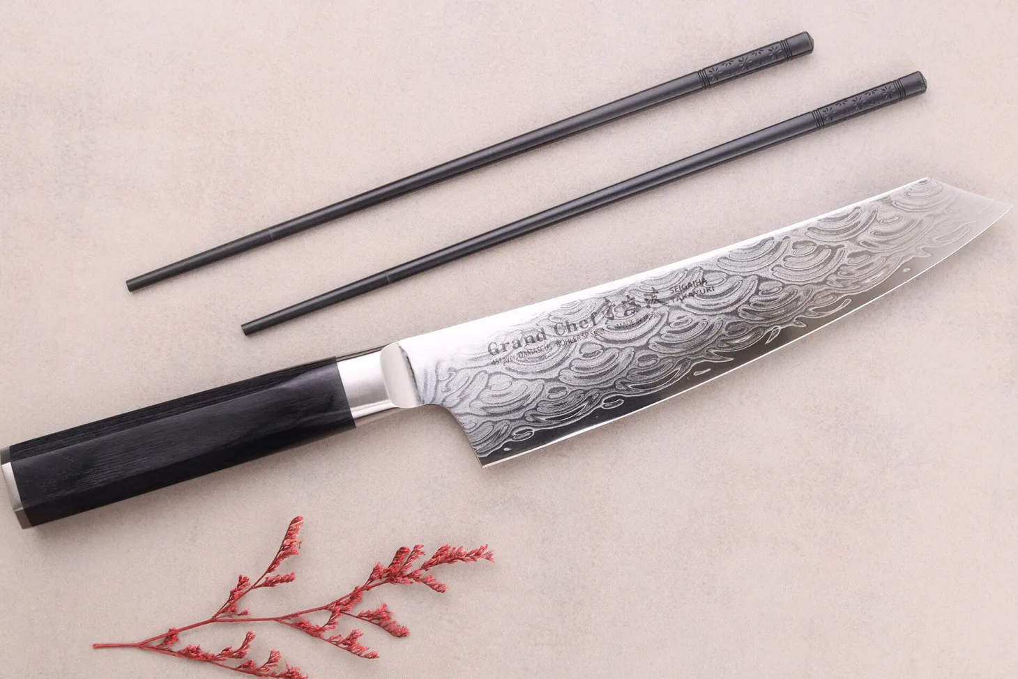 Couteau kengata chef 19cm japonais Sakai Takayuki Grand Chef Seigaiha Damas 45 couches