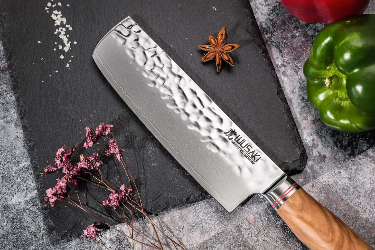 Couteau nakiri Wusaki Damas 10Cr 17cm manche en olivier