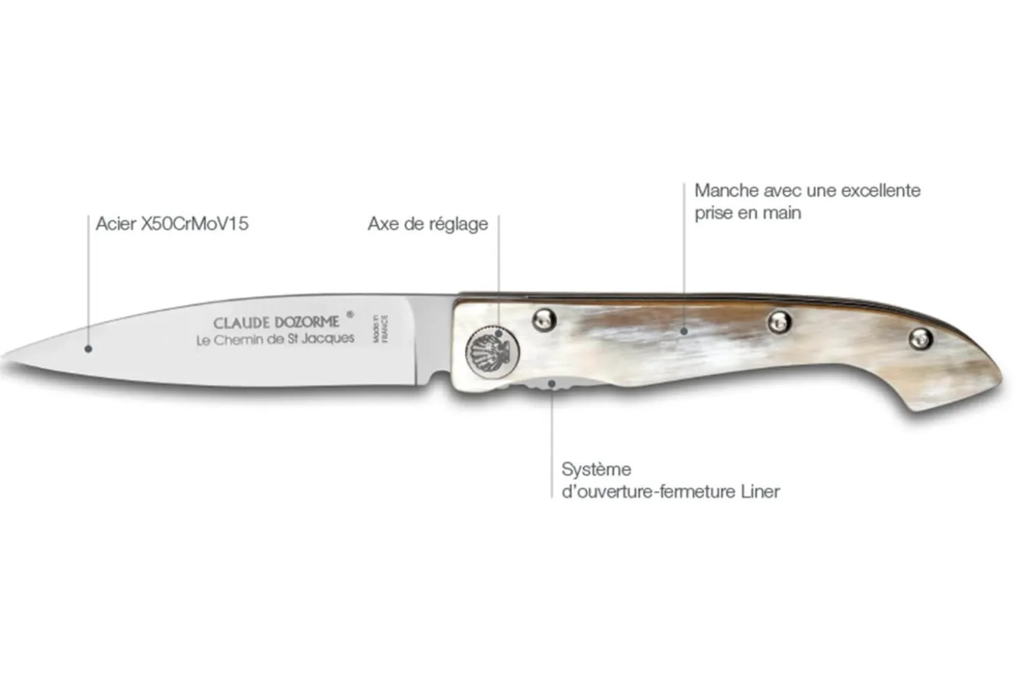 Couteau pliant Compostelle Voie du Puy Claude Dozorme manche corne 12,5cm