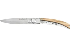 Couteau pliant Le Coq Français Chemin de Saint-Jacques artisanal manche bois d'olivier 11,5cm + étui