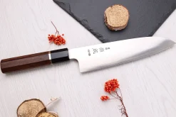 Couteau santoku 19,5cm japonais artisanal Sukenari HAP40 San Maï manche en bois de rose