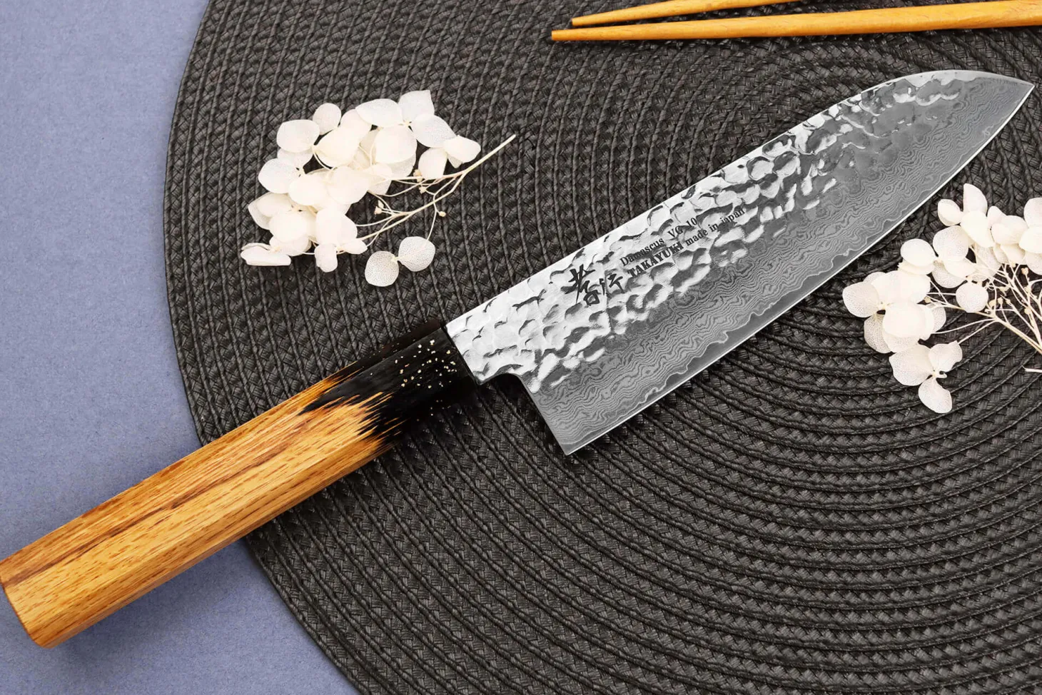 Couteau santoku 17cm japonais Sakai Takayuki Kashi Urushi VG10 damas