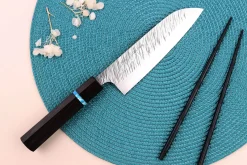 Couteau santoku japonais artisanal Yu Kurosaki Fujin 16,5cm SG2 turquoise