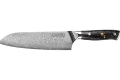 Couteau santoku Wusaki Sakin Damas 10Cr 17cm manche en fibre de carbone et feuille d'or