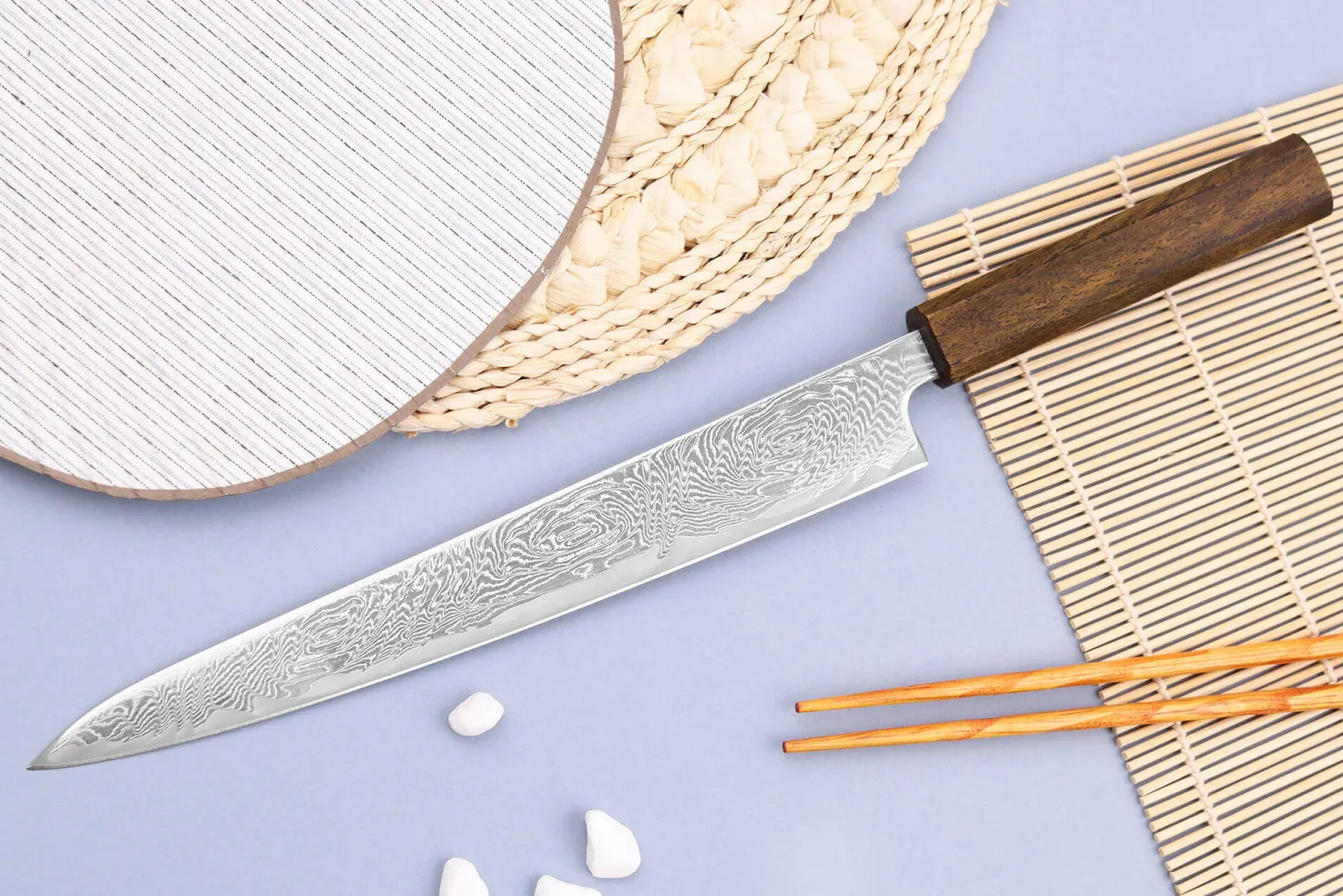 Couteau sujihiki japonais artisanal Wusaki Unagi AUS10 damas 24cm manche chêne