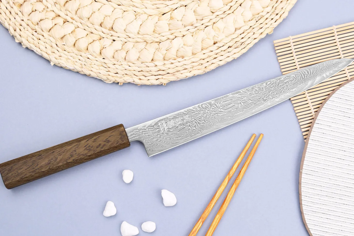 Couteau sujihiki japonais artisanal Wusaki Unagi AUS10 damas 24cm manche chêne