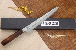 Couteau sujihiki japonais artisanal Wusaki Yoshi G3 chêne 24cm