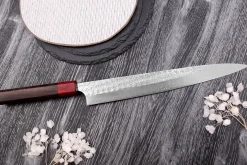 Couteau sujihiki japonais artisanal Yoshimi Kato Minamo SG2 Tsuchime 27cm