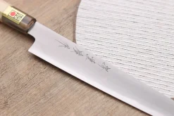 Couteau sujihiki japonais artisanal Kasahara Shigehiro forgé par Yoshikazu Ikeda 24cm